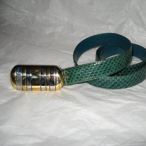 ❤️CHRISTIAN DIOR GREEN REPTILE PRINT LEATHER BELT AND OVERSIZED BUCKLE 35 ML - Picture 1 of 7